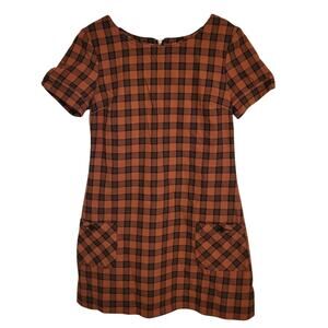 Ben Shermen Short Sleeve Mini Plaid Shift Dress Rustic Brown Black Womens Medium